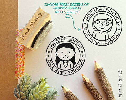Spanish Teacher Rubber Stamp, Personalized Teacher Stamp, Spanish Teacher Gift - Choose Hairstyle and Accessories - PinkPueblo