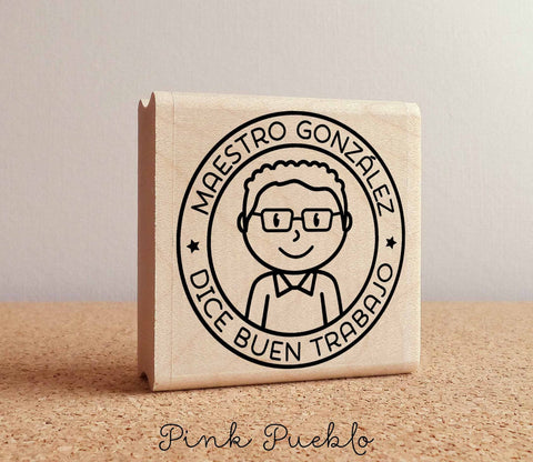 Spanish Teacher Rubber Stamp, Personalized Teacher Stamp, Male Spanish Teacher Gift - Choose Hairstyle and Accessories - PinkPueblo