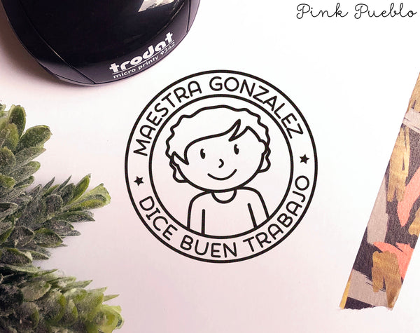 Mini Self-Inking Spanish Teacher Stamp, Personalized Teacher Gift - Choose Hairstyle and Accessories