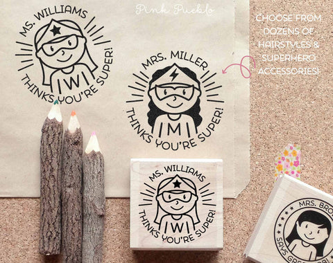 Superhero Teacher Rubber Stamp, Female Teacher Stamp, Personalized Teacher Gift - Choose Hairstyle and Accessories - PinkPueblo