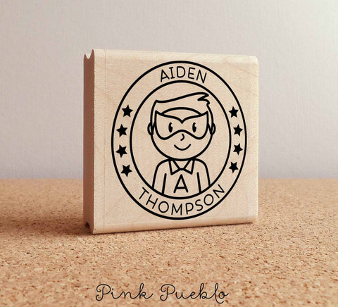 Personalized Boy Superhero Rubber Stamp - Choose Name, Hairstyle - PinkPueblo