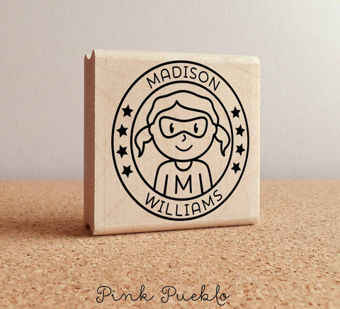 Personalized Superhero Girl Rubber Stamp - PinkPueblo