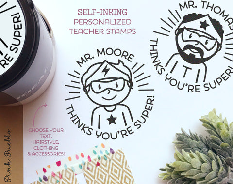 Self-Inking Superhero Teacher Stamps, Personalized Superhero Classroom Stamp, Teacher Gifts - Choose Hairstyle and Accessories - PinkPueblo