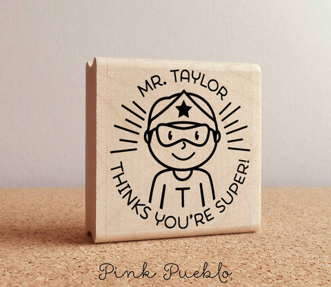 Superhero Teacher Rubber Stamp, Male Teacher Stamp, Personalized Teacher Gift - Choose Hairstyle and Accessories - PinkPueblo