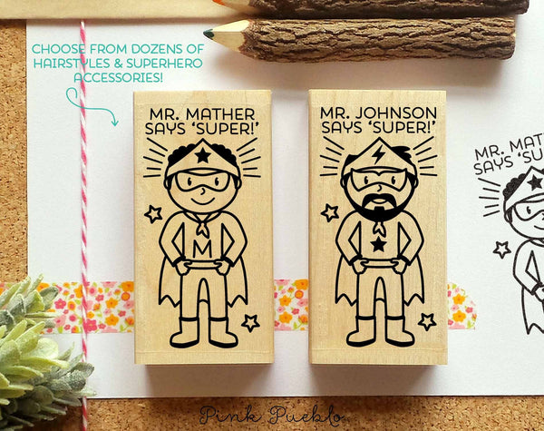 Superhero Teacher Rubber Stamp, Teacher Gift, Personalized Teacher Stamp - Choose Hairstyle and Accessories - PinkPueblo