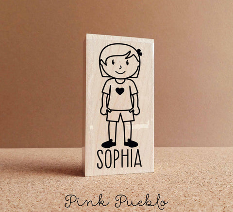 Personalized Children's Rubber Stamp - Girl - Choose Hair, Clothing and Name - PinkPueblo