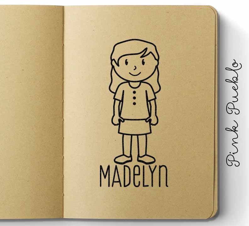 Personalized Children's Rubber Stamp - Girl - Choose Hair, Clothing and Name