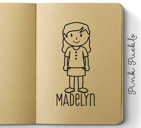 Personalized Children's Rubber Stamp - Girl - Choose Hair, Clothing and Name - PinkPueblo