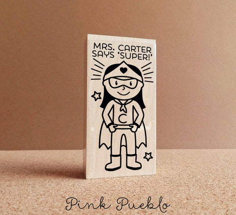Superhero Teacher Rubber Stamp, Custom Teacher Stamp, Personalized Teacher Gift - Choose Hairstyle and Accessories - PinkPueblo