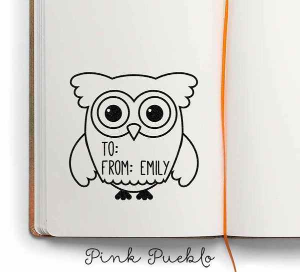 Large Personalized Owl Label Custom Rubber Stamp, Custom To From Owl - PinkPueblo