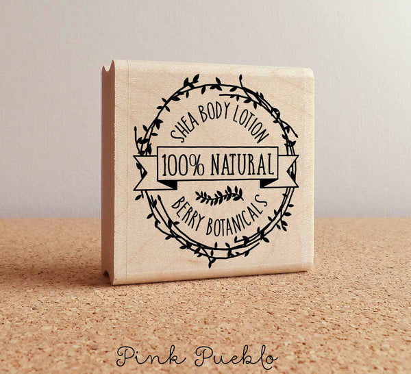 Personalized Botanical Wreath Rubber Stamp, Custom Product Label Stamp for Bath and Beauty Products - PinkPueblo